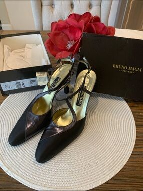 Bruno Magli Black Satin & Leather Pointed Slingback Heels with Gold Insole